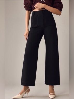 Maeve Anthropologie The Colette Cropped Ponte Black Wide Leg Pants Womens 31 EUC